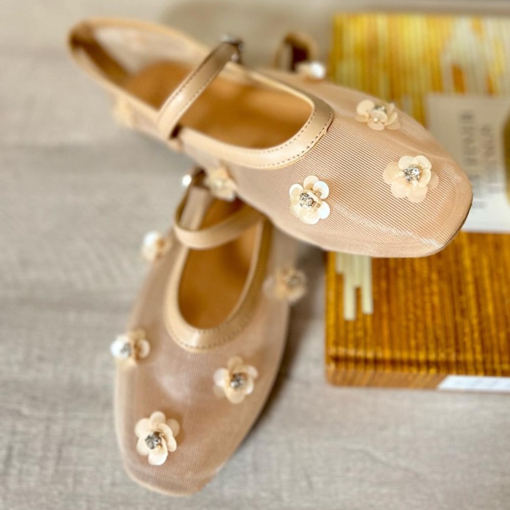 Mesh 3D flower appliqué embellished beaded ballet flats cream nude color - Picture 3 of 6